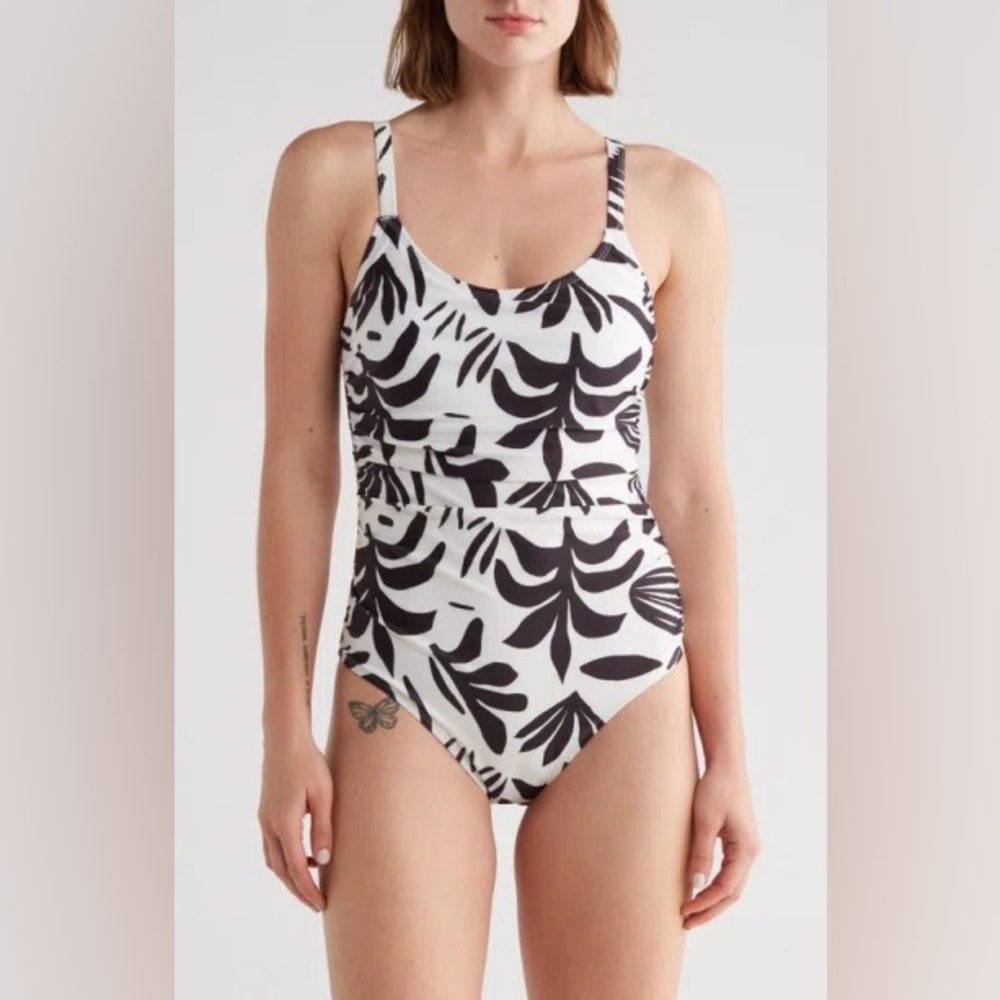 Nicole Miller Black and White One Piece Swimsuit with Tropical Print